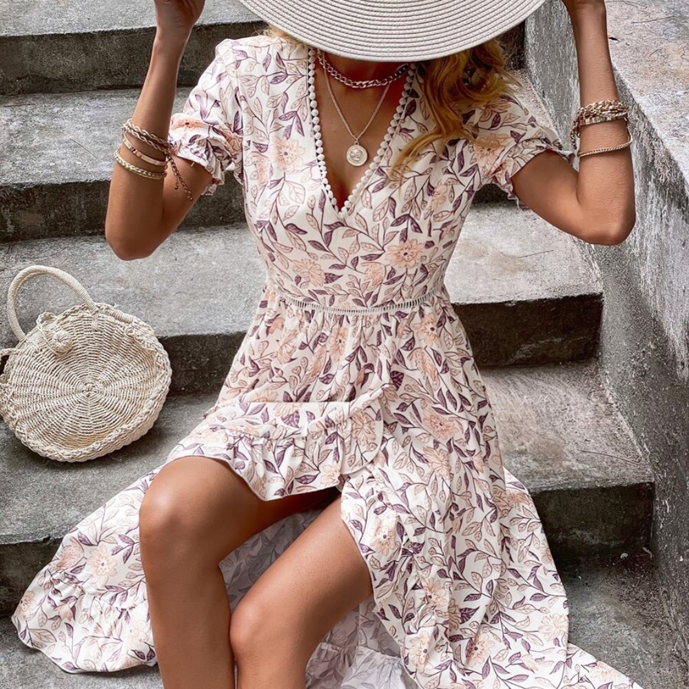 Boho V neck Ruffle Puff Sleeve Floral Midi Dress - Picture 2 of 6